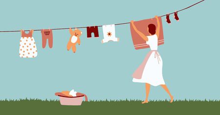 Woman doing laundry outdoor. Girl hanging clothes on rope for drying after washing. Vector cartoon flat designのイラスト素材