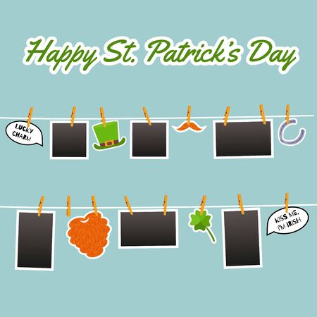 Photo hanging on the rope pinned with clothespins. Stickers for St. Patrick Day. Cute symbols: beard, shamrock, green hat, horseshoe, speech bubble with quotes. Vector cartoon flatのイラスト素材
