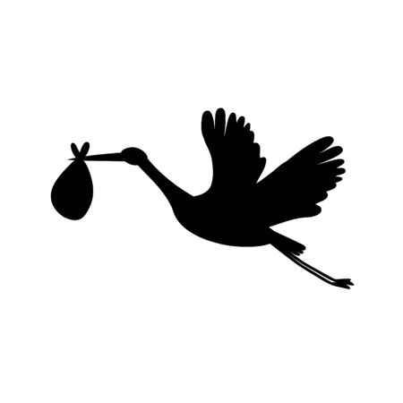 Stork silhouette. Black bird flying and carrying a bundle isolated on white.のイラスト素材