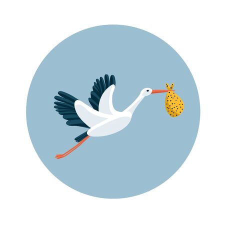 Stork flying and carrying a bundle. Symbol for baby shower, news, delivery, pregnancy.のイラスト素材