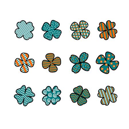 Clover leaf plant icon set. Symbol for St. Patricks Day and luck. Vector illustration isolated on white. Flat cartoonのイラスト素材