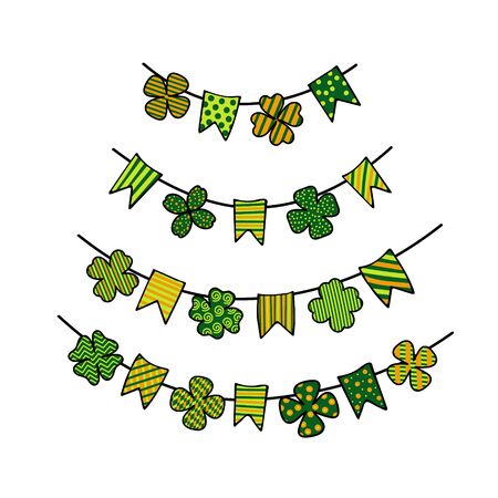 St. Patricks day bunting with patterned clover leaves and garland flags. Design elements for festive backgrounds, cards, posters, banners. Vectorのイラスト素材