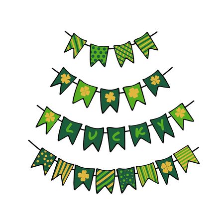 St. Patricks day bunting with patterned clover leaves and garland flags. Design elements for festive backgrounds, cards, posters, banners. Vectorのイラスト素材