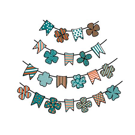 St. Patricks day bunting with patterned clover leaves and garland flags. Design elements for festive backgrounds, cards, posters, banners. Vectorのイラスト素材