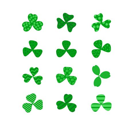 Clover leaf plant icon set. Symbol for St. Patricks Day and luck. Vector illustration isolated on white. Flat cartoonのイラスト素材