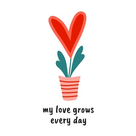 Love pun with a heart flower and cute quote. My love grows every day. Great for Valentines Day. Print for greeting cards and t-shirts. Cartoon flat design. Colorful vector illustration.のイラスト素材
