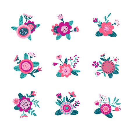 Floral bouquet set of hand drawn fantasy folk flowers. Botanical illustration in flat cartoon style. Great as banner, print and card. Vectorのイラスト素材