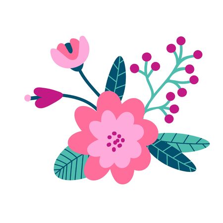 Floral bouquet of hand drawn fantasy folk flowers. Botanical illustration in flat cartoon style. Great as banner, print and card. Vectorのイラスト素材
