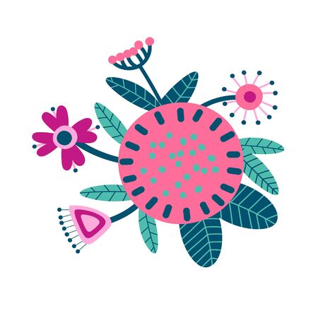 Floral bouquet of hand drawn fantasy folk flowers. Botanical illustration in flat cartoon style. Great as banner, print and card. Vectorのイラスト素材