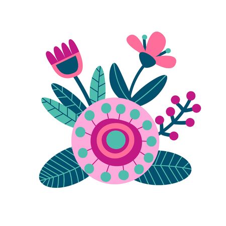 Floral bouquet of hand drawn fantasy folk flowers. Botanical illustration in flat cartoon style. Great as banner, print and card. Vectorのイラスト素材
