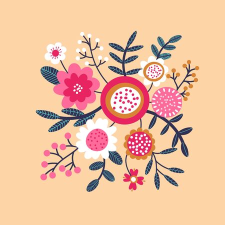 Floral bouquet of hand drawn fantasy folk flowers. Botanical illustration in flat cartoon style. Great as banner, print and card. Vectorのイラスト素材