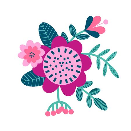 Floral bouquet of hand drawn fantasy folk flowers. Botanical illustration in flat cartoon style. Great as banner, print and card. Vectorのイラスト素材