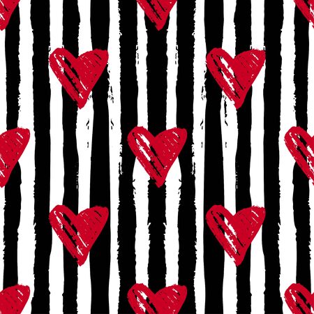 Heart seamless background. Striped pattern. Hand drawn red hearts as symbol for love, wedding, Valentines Day. Vectorのイラスト素材