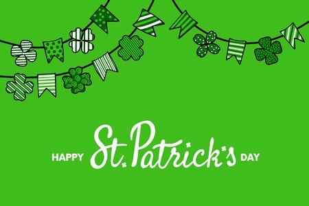 St. Patricks Day Banner with lettering and garland made of patterned pennants and shamrocks. Vector illustration.のイラスト素材