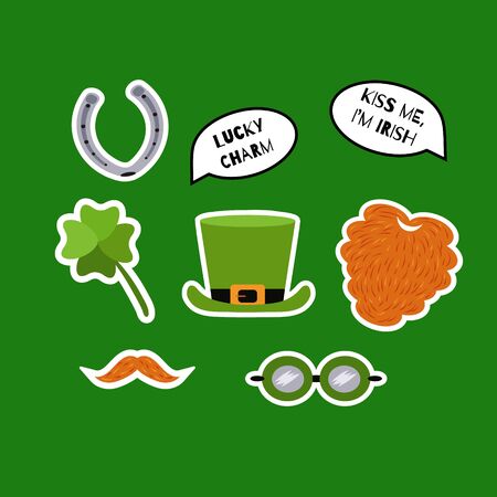 St. Patricks Day sticker set. Red beard, whiskers, shamrock, leprechaun hat, horseshoe, speech bubbles with quotes. Lucky charm. Kiss me, Im Irish. Vectorのイラスト素材