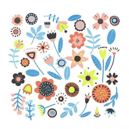 Floral elements set. Flower head, petals, leaves and branches. Fantasy folk hand drawn design elements. Colorful flat cartoon vector illustration.のイラスト素材