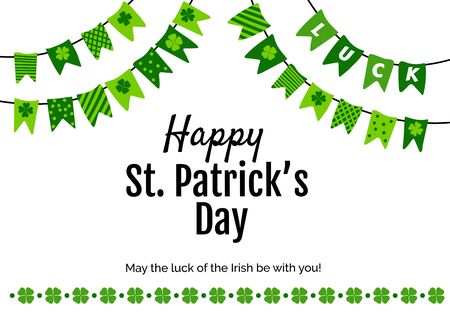 Happy St. Patricks Day card with greeting and garland made of patterned pennants and shamrocks....