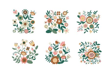 Set of floral bouquet of fantasy folk flowers. Botanical Illustration on white. Summer or spring motif for embroidery, greeting card, wedding decoration. Vectorのイラスト素材