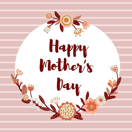 Happy mothers card. Background with cute folk flowers. Floral printable banner with text. Cartoon flat illustration. Vectorのイラスト素材