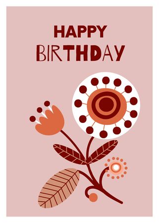 Happy birthday card. Background with cute folk flowers. Floral printable banner with text. Cartoon flat illustration. Vectorのイラスト素材