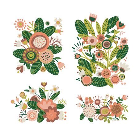 Set of floral bouquet of fantasy folk flowers. Botanical Illustration on white. Summer or spring motif for embroidery, greeting card, wedding decoration. Vectorのイラスト素材