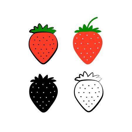 Strawberry icon set in different style. Berry drawing in flat, cartoon, silhouette, outline. Isolated on white. Vector illustration.のイラスト素材