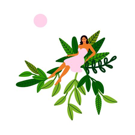 Girl in jungle. Concept character illustration. Summer mood. Cartoon flat design. Vectorのイラスト素材
