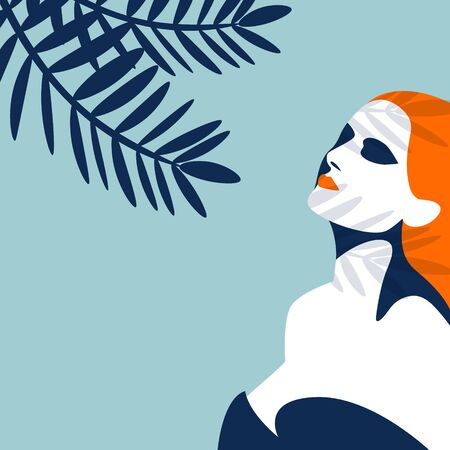 Retro holiday poster with a beautiful girl tanning in the shadow of palm tree. Holiday character. Colorful vector design. Vintage flat style.のイラスト素材
