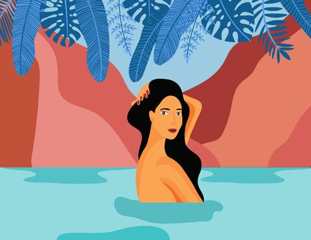 Girl swimming in ocean, sea or lake on tropical beach. Summer vacation poster. Holiday leisure. Retro vintage design. Flat cartoon illustration. Vectorのイラスト素材