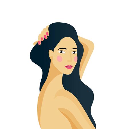 Girl portrait. Spa, makeup or hair dresser concept. Long hair woman character with beautiful face. Cartoon flat style. Vector illustration. Isolatedのイラスト素材