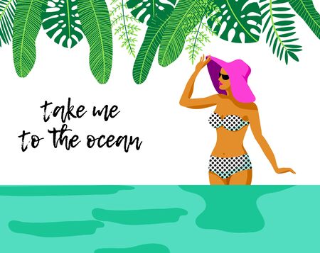 Girl in bikini standing in the sea under palm trees somewhere on tropical island. Woman in swimming suit. Retro vintage style. Flat cartoon design. Vector illustration.のイラスト素材