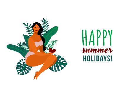 Summer holidays poster. Retro design with a beautiful exotic girl in bikini on the tropical leaves background. Place for any text of quote. Tourism banner. Flat cartoon design. Vectorのイラスト素材
