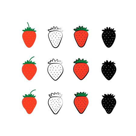 Strawberry icon set in different style. Berry drawing in flat, cartoon, silhouette, outline. Isolated on white. Vectorのイラスト素材