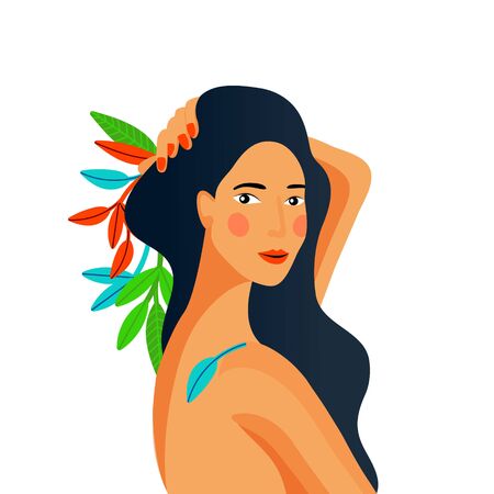 Girl portrait. Spa therapy, organic hair or skin care, makeup concept. Cartoon flat design. Spring or summer season. Vectorのイラスト素材