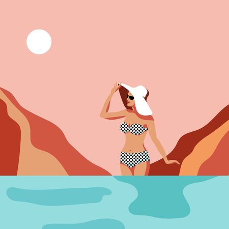 Summer retro poster with a girl in bikini standing in the sea, lake or ocean somewhere on her holiday. Woman in swimming suit. Vintage style. Flat cartoon design. Vector illustration.のイラスト素材