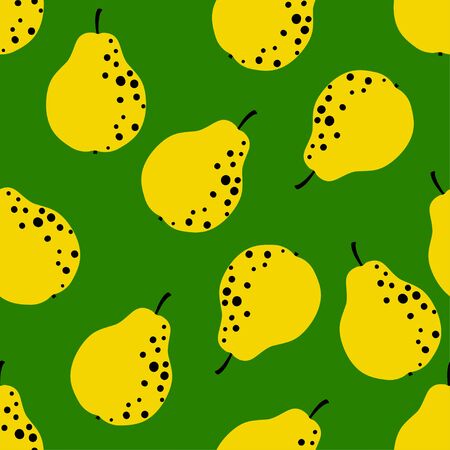 Pear pattern. Seamless background with yellow fruit on green. Great for wallpaper, scrapbooking and fabric print. Cute simple cartoon design. Vectorのイラスト素材