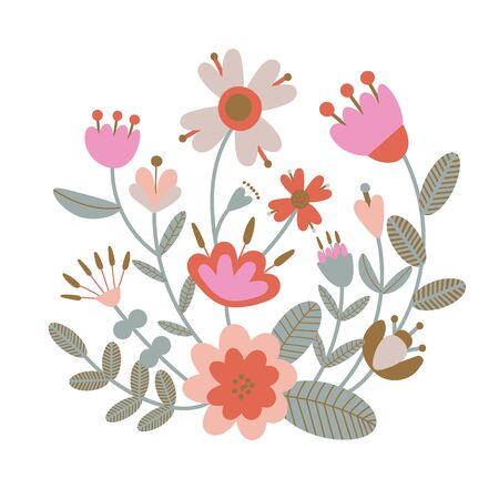 Floral bouquet of hand drawn fantasy folk flowers. Botanical illustration in flat cartoon style. Great as banner, print and card.のイラスト素材