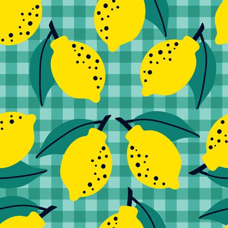 Lemon fruit pattern. Seamless checkered background or citrus plaid wallpaper. Repeated design great for kitchen and food digital paper, textile, fabric, decor, wrapping. Vintage surfaceのイラスト素材