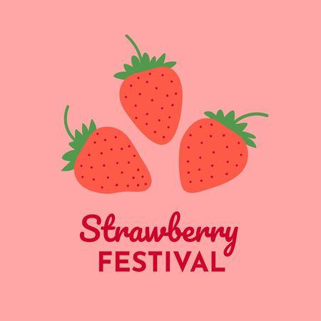 Strawberry plant background. Simple template with pink berries for Strawberry Festival. Cartoon flat design. Vector illustration.のイラスト素材
