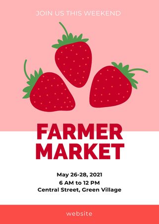 Farmer market template. Strawberry background with red sweet juicy berry drawings. Great for farmers market, sales or festival. Cute cartoon flat design. Vector illustration.のイラスト素材