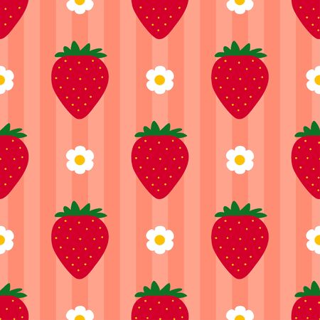 Strawberry pattern. Seamless striped background with drawn berry. Red fruit. Flat cartoon style. Great for kitchen, tablewear, fabric, textile. Vectorのイラスト素材