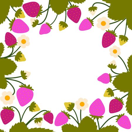 Strawberry frame border with red and pink fresh juicy berry drawings. Great for greeting cards, packaging labels, banner. Cute cartoon flat design. Vectorのイラスト素材