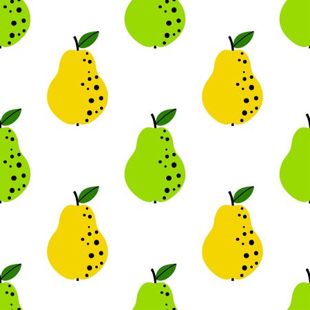 Pear pattern. Seamless background with green and yellow fruit. Great for wallpaper, scrapbooking and fabric print. Cute simple cartoon design for kitchen and food. Vectorのイラスト素材