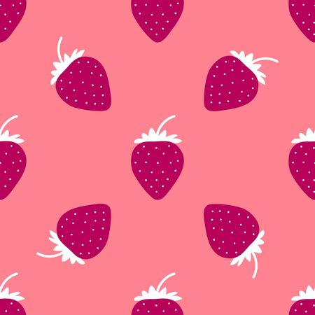Strawberry pattern. Seamless repeated fruit design. Red berry background. Flat cartoon style. Great for kitchen, tablewear, fabric, textile. Vectorのイラスト素材