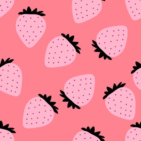 Strawberry pattern. Seamless repeated fruit design. Red berry background. Flat cartoon style. Great for kitchen, tablewear, fabric, textile. Vectorのイラスト素材