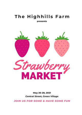Strawberry background template with pink sweet juicy berry drawings. Great for farmers market, sales or festival. Cute cartoon flat design. Vector illustration.のイラスト素材