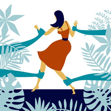 Girl caught, arrested, hold by others and resisting. Metaphor. Character concept. Colorful flat cartoon design. Vector illustration.のイラスト素材