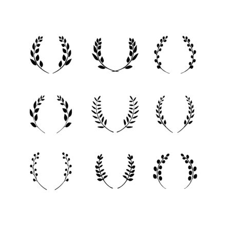 Laurel wreath set. Made of hand drawn greenery, wild flowers and field herbs. Black silhouettes isolated on white. Botanical drawing. Vector illustration. Graphicのイラスト素材