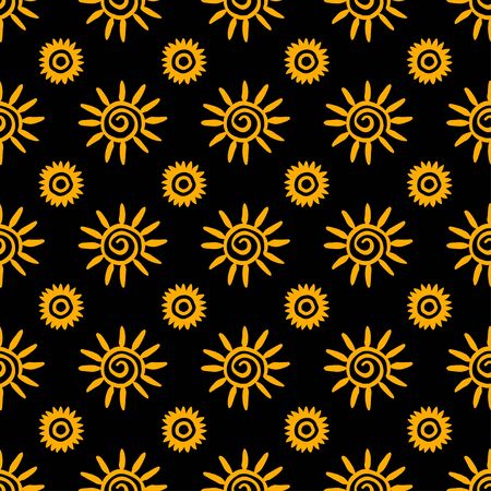 Pattern with hand drawn sun symbol stylized in folk etnic style of ancient culture. Gold yellow on...