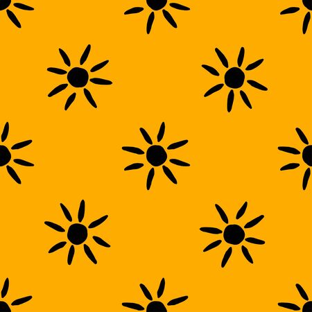 Yellow pattern with hand drawn sun symbol. Seamless background. Abstract floral design. Vectorのイラスト素材